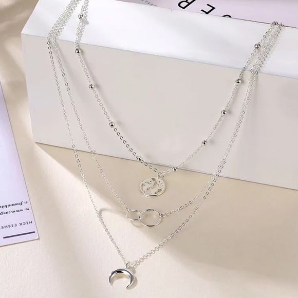 Silver World & Moon Layered Necklace - Picture 3 of 5